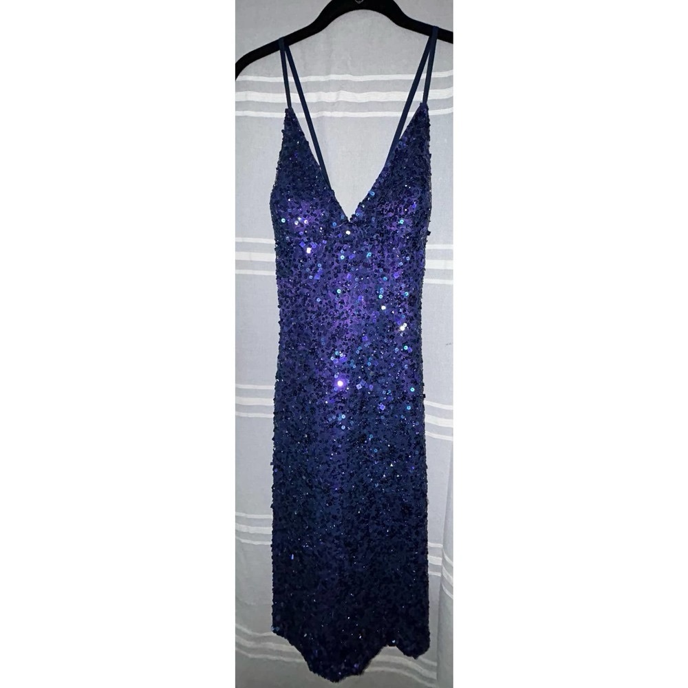 SCALA NWOT Fitted criss cross Strapped Sequined evening gown dress purple